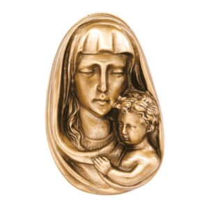 Targa stilizzata in bronzo per lapide – Madonna con velo e bambino in braccio