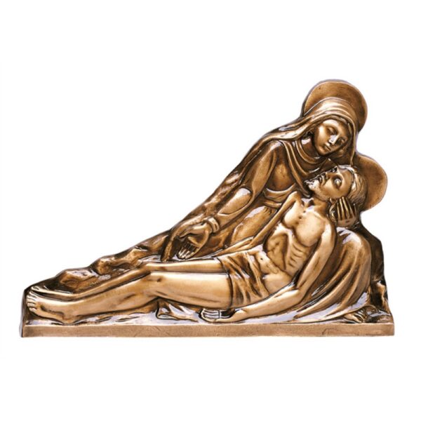 Targa con bassorilievo in bronzo per lapide - Statua della Pietà con Cristo appoggiato sul grembo